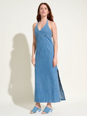 ELISABETH - Halter Tie Midi Dress in Washed Denim Oeko-Tex Blue Dress Fête Impériale