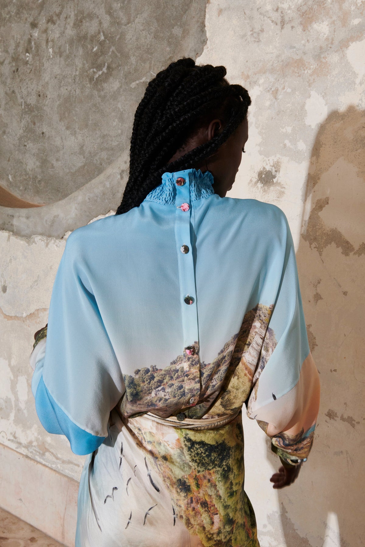 EUPRAXIA - Smocked-neck blouse in printed viscose poplin Small Corsica Blouse Fête Impériale
