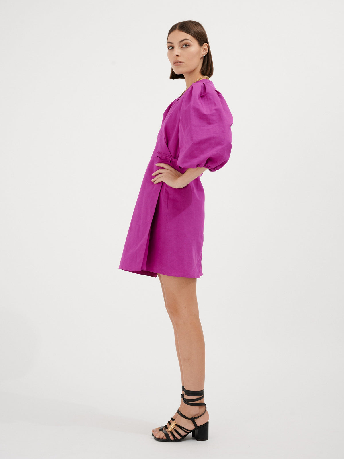 EURYDICE - Short wrap dress with balloon sleeves in Linen  and Cotton fuchsia Dress Fête Impériale