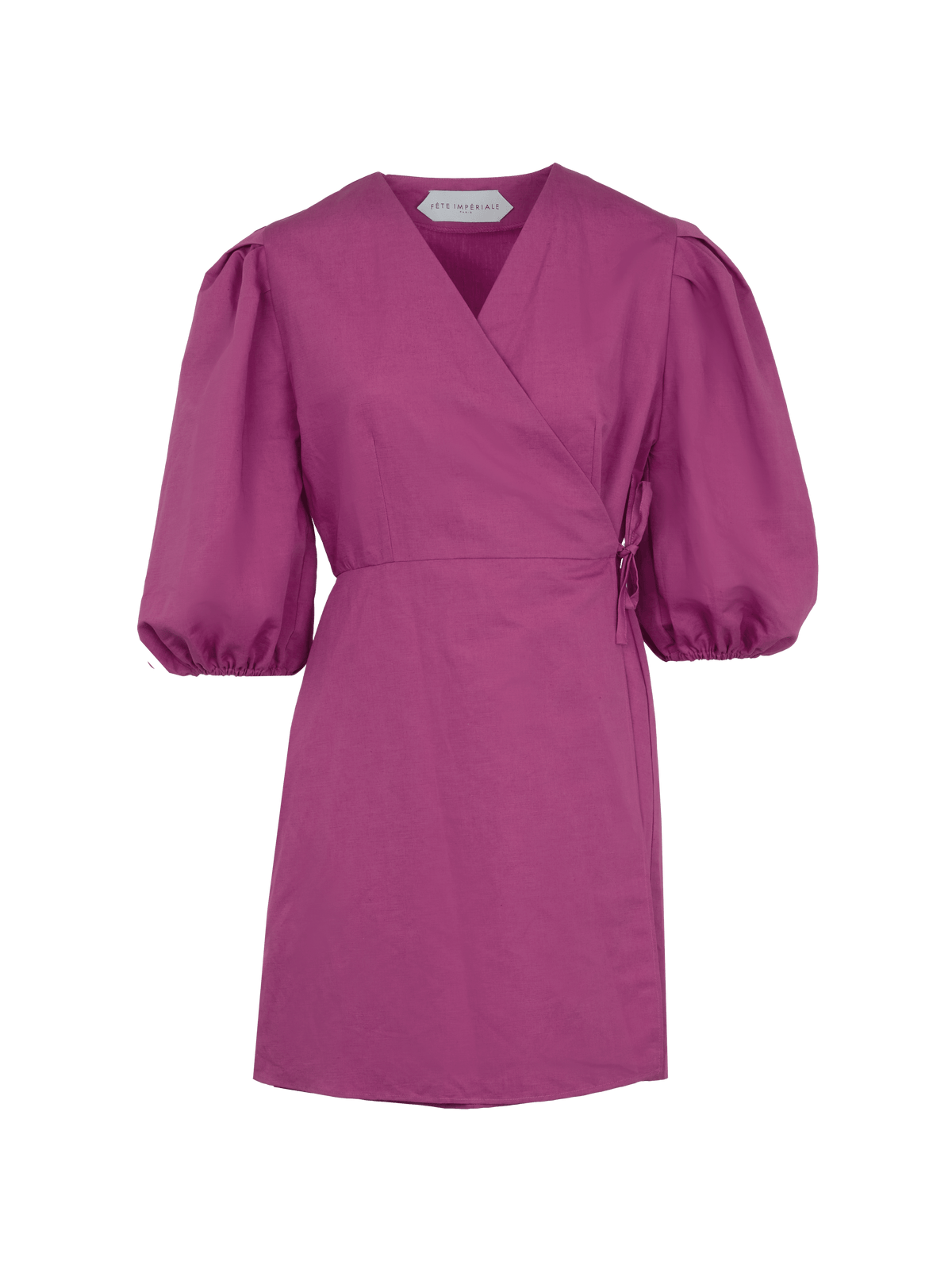 EURYDICE - Short wrap dress with balloon sleeves in Linen  and Cotton fuchsia Dress Fête Impériale