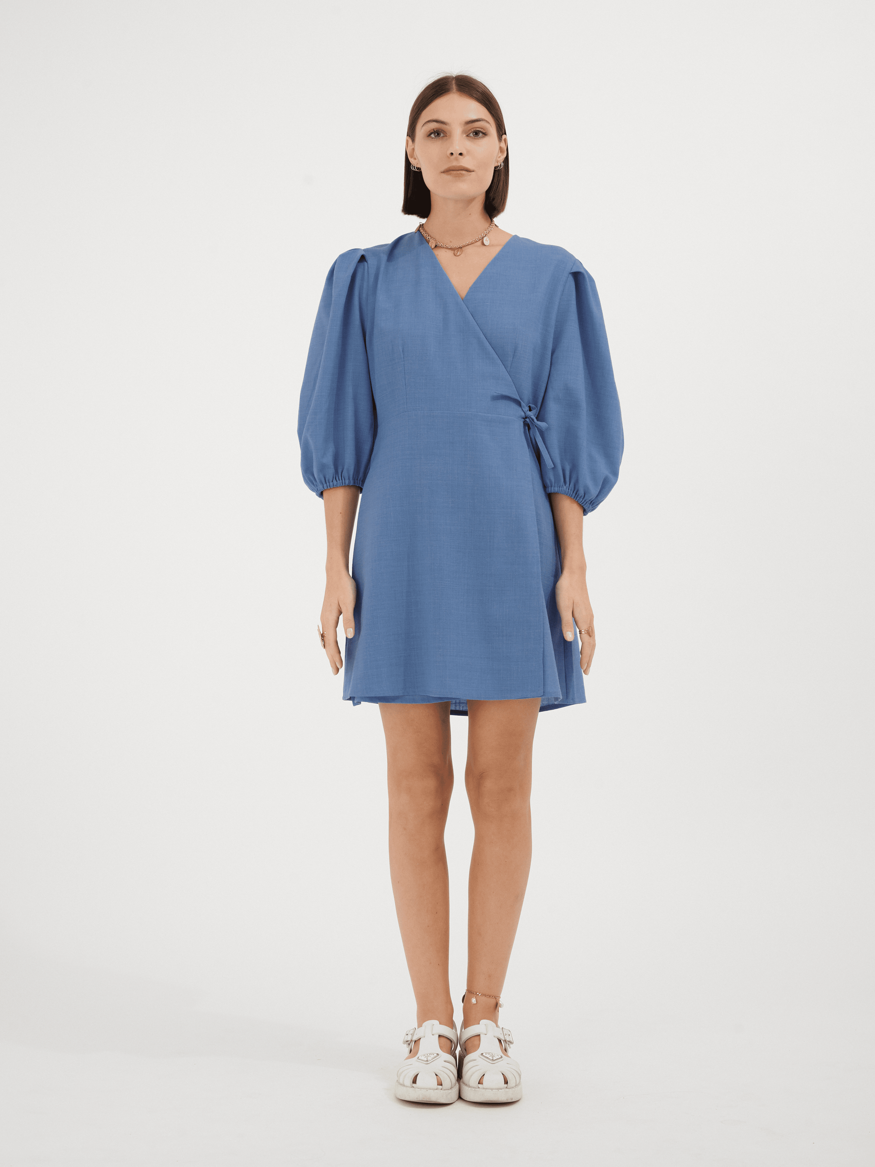 EURYDICE - Short wrap dress with balloon sleeves in Linen  and blue tencel Dress Fête Impériale