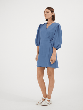 EURYDICE - Short wrap dress with balloon sleeves in Linen  and blue tencel Dress Fête Impériale