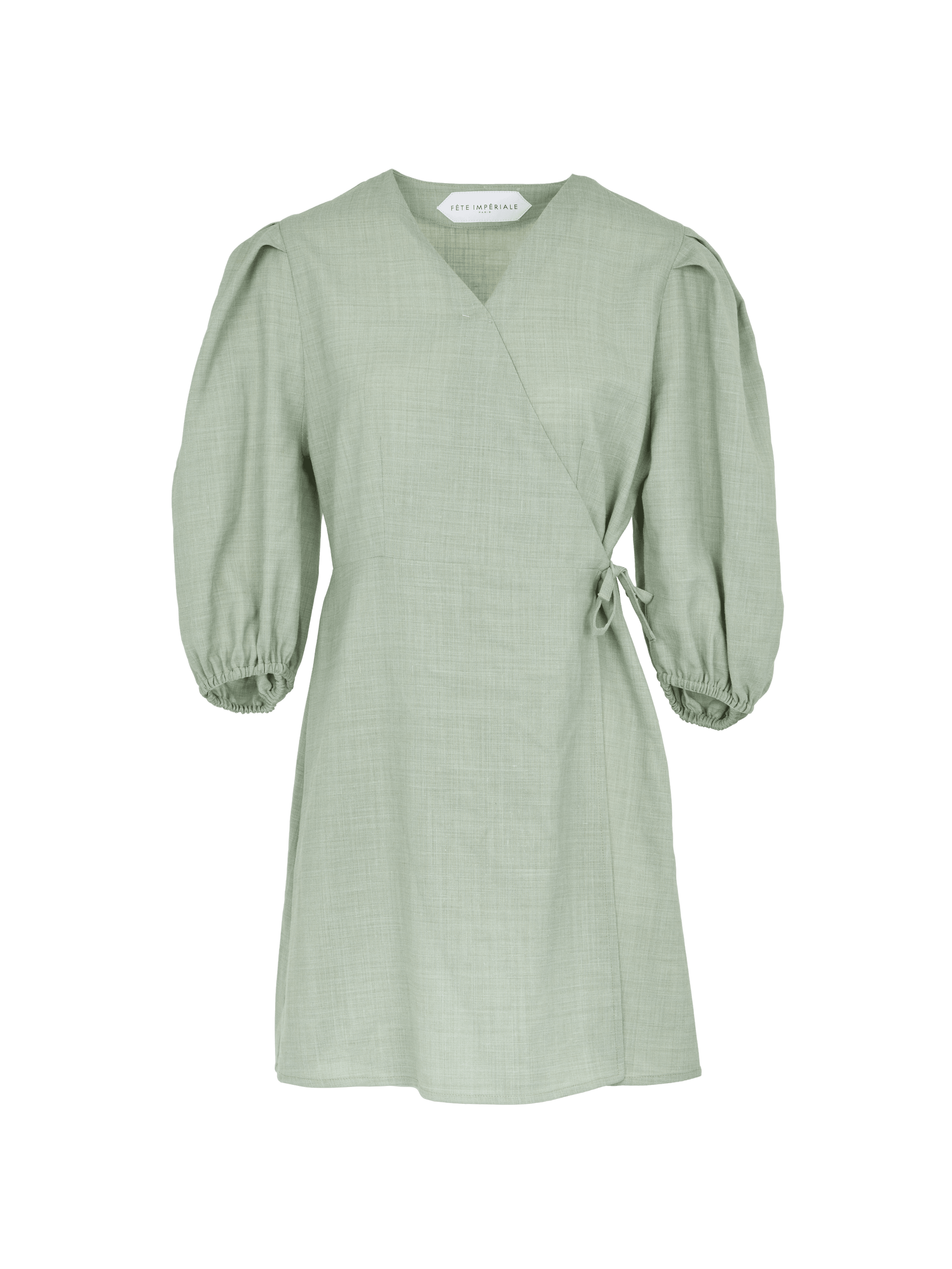EURYDICE - Short wrap dress with balloon sleeves made from Cotton Oeko-Tex celadon green Dress Fête Impériale