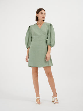 EURYDICE - Short wrap dress with balloon sleeves made from Cotton Oeko-Tex celadon green Dress Fête Impériale