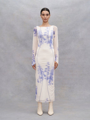 EVA - Oeko-Tex Abstract Tofu/Dazzling Blue Printed Tulle Boat Neck Maxi Dress Dress Fête Impériale