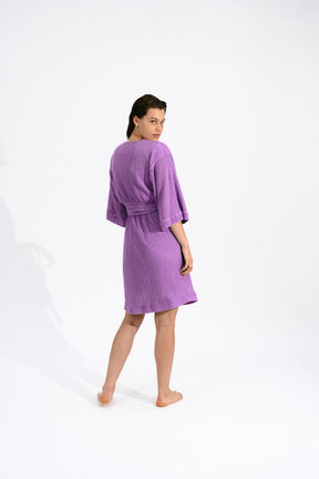 FAYE - Short kimono dress 3/4 sleeves in hemp knit Mauve Dress Fête Impériale