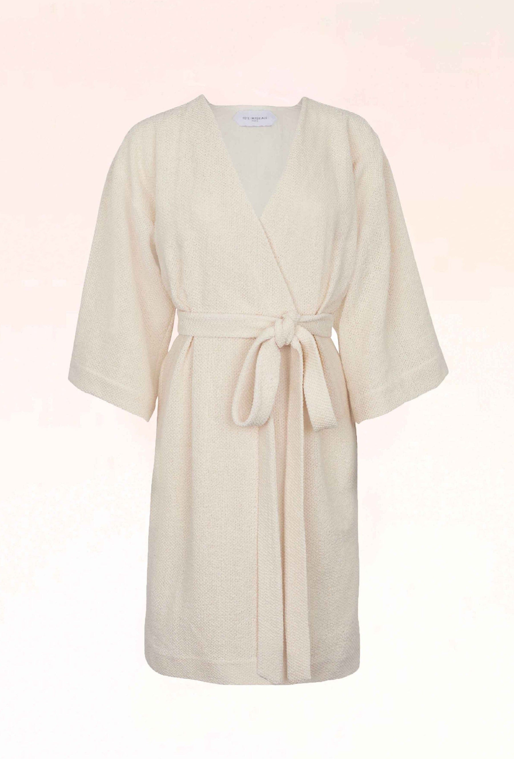 FAYE - Short kimono dress 3/4 sleeves in lace mesh Ecru Dress Fête Impériale