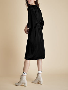 FAYE - Short kimono dress 3/4 sleeves in satin Black Dress Fête Impériale