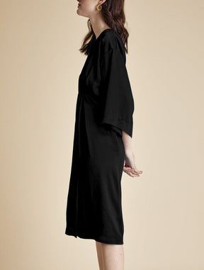 FAYE - Short kimono dress 3/4 sleeves in satin Black Dress Fête Impériale