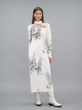 GAIA - Fitted maxi dress Turtleneck  and openwork wave in Abstract Tofu/Green Forest printed Oeko-Tex velvet Dress Fête Impériale