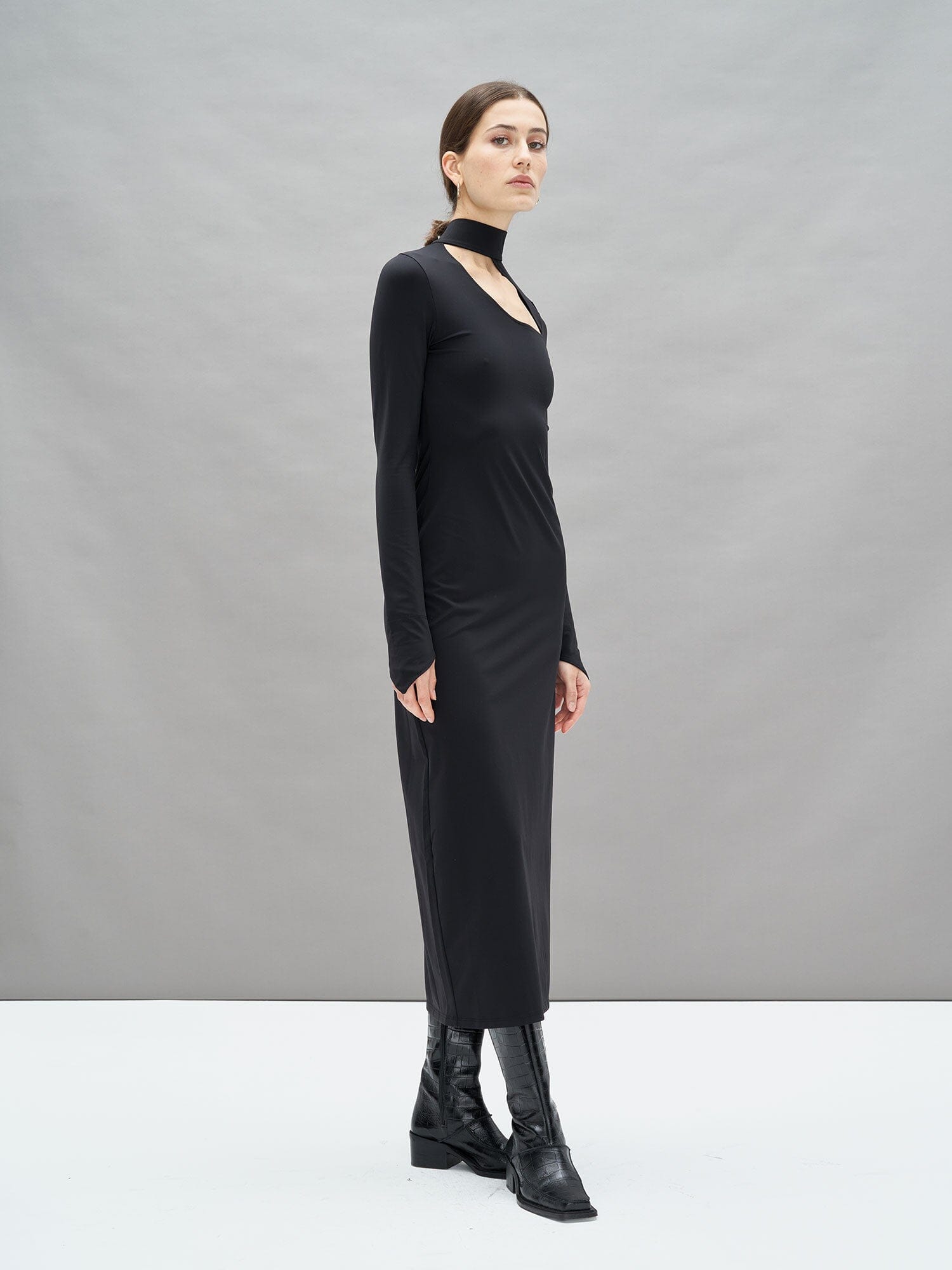GAIA - Fitted maxi dress Turtleneck  and jersey wave Hermione Black Dress Fête Impériale