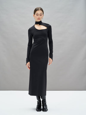 GAIA - Fitted maxi dress Turtleneck  and jersey wave Hermione Black Dress Fête Impériale