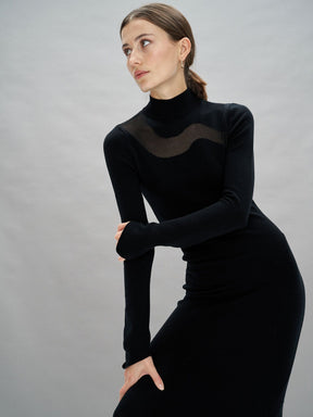 GAIA - Fitted long dress Turtleneck  and mesh wave in merino wool Oeko Tex Black Dress Fête Impériale