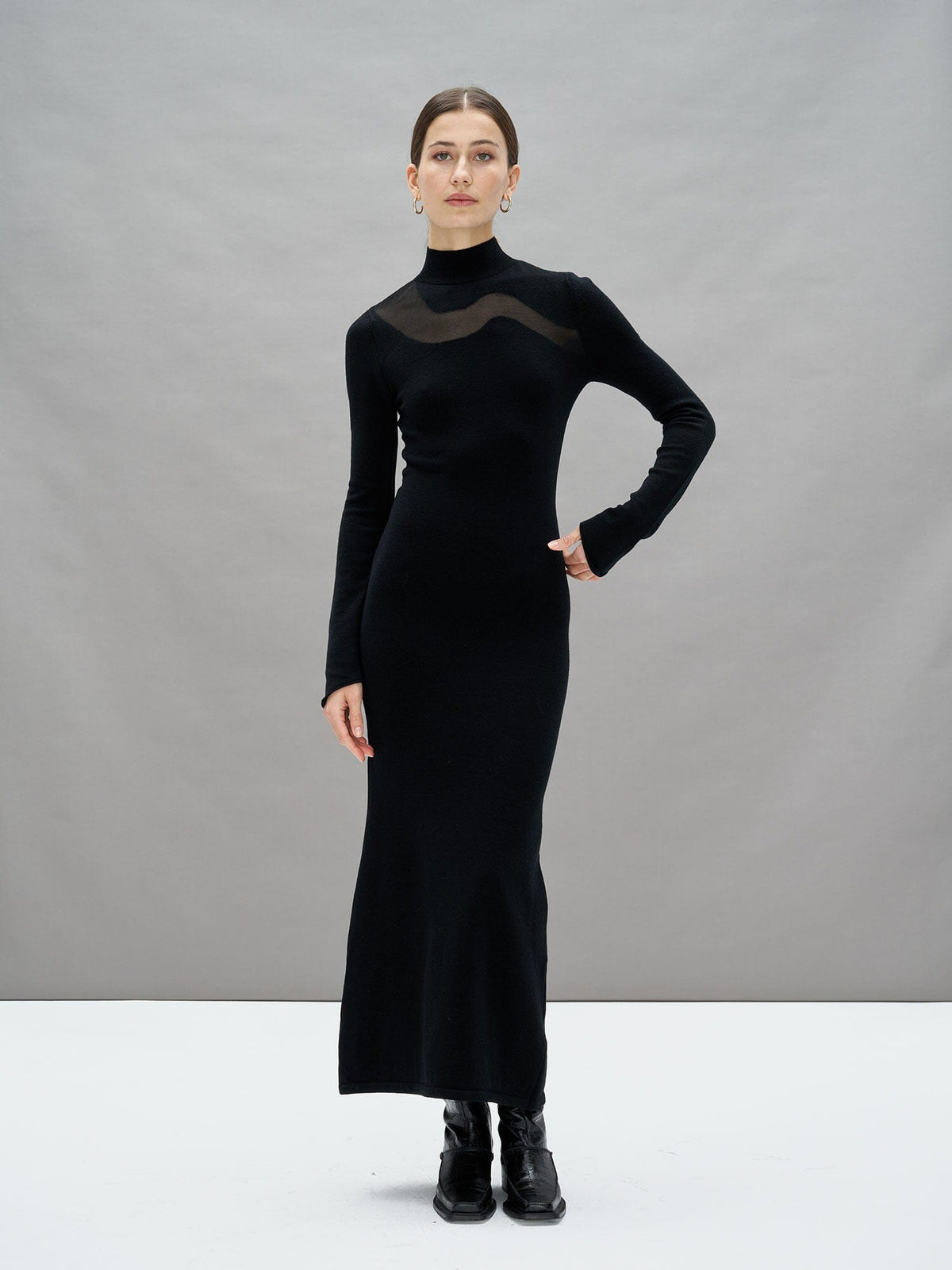 GAIA - Fitted long dress Turtleneck  and mesh wave in merino wool Oeko Tex Black Dress Fête Impériale