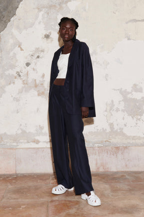 GILBERT - High-waisted pants with darts in wool twill and Cotton navy Trousers Fête Impériale