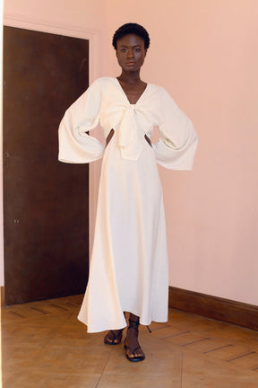HALSTON - Openwork flared maxi dress with bolero tie kimono sleeves in WHITE CUPRO  Dress Fête Impériale
