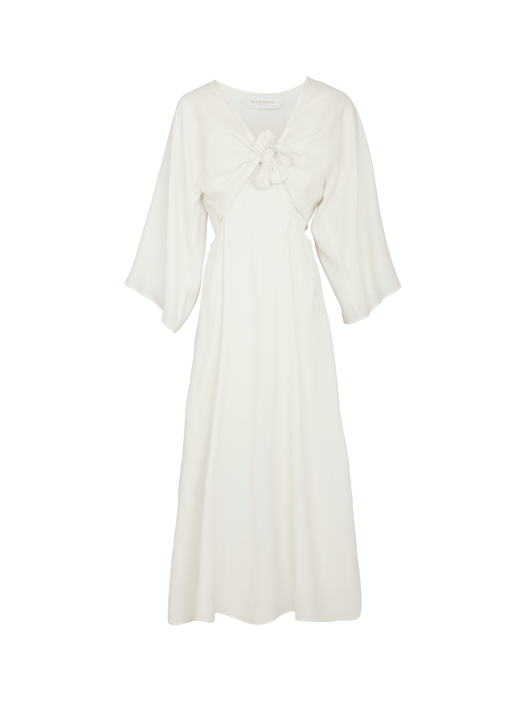 HALSTON - Openwork flared maxi dress with bolero tie kimono sleeves in WHITE CUPRO  Dress Fête Impériale