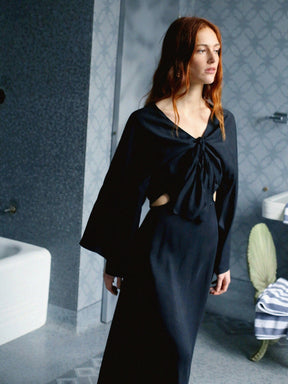 HALSTON - Long flared openwork dress with bolero tie kimono sleeves in black cupro Dress Fête Impériale