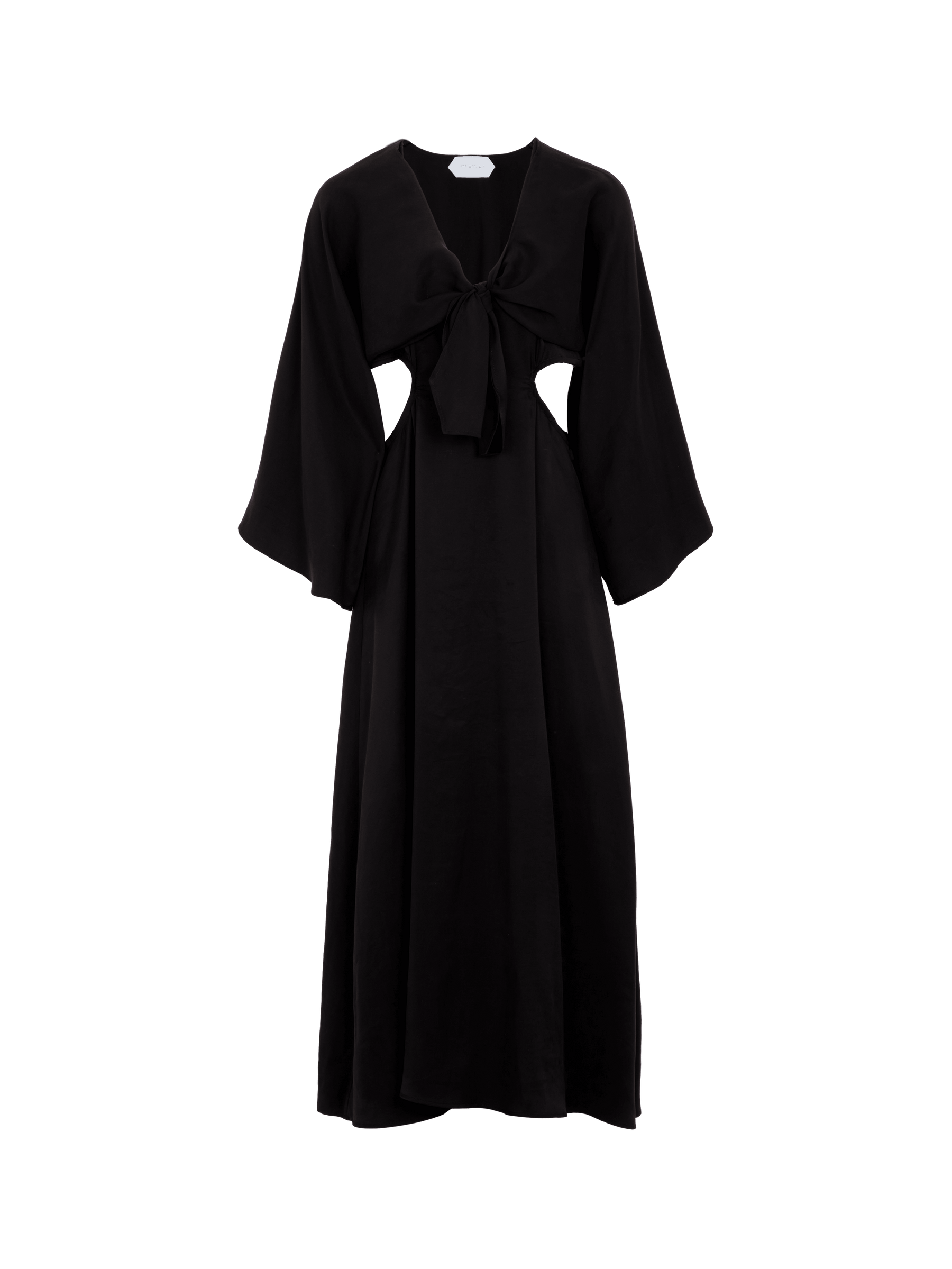 HALSTON - Long flared openwork dress with bolero tie kimono sleeves in black cupro Dress Fête Impériale