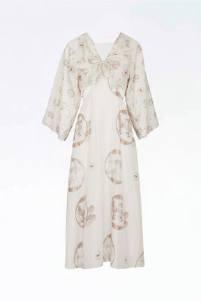 HALSTON - Long flared openwork dress with kimono sleeves kimono tie bolero in silk Persephone print Dress Fête Impériale