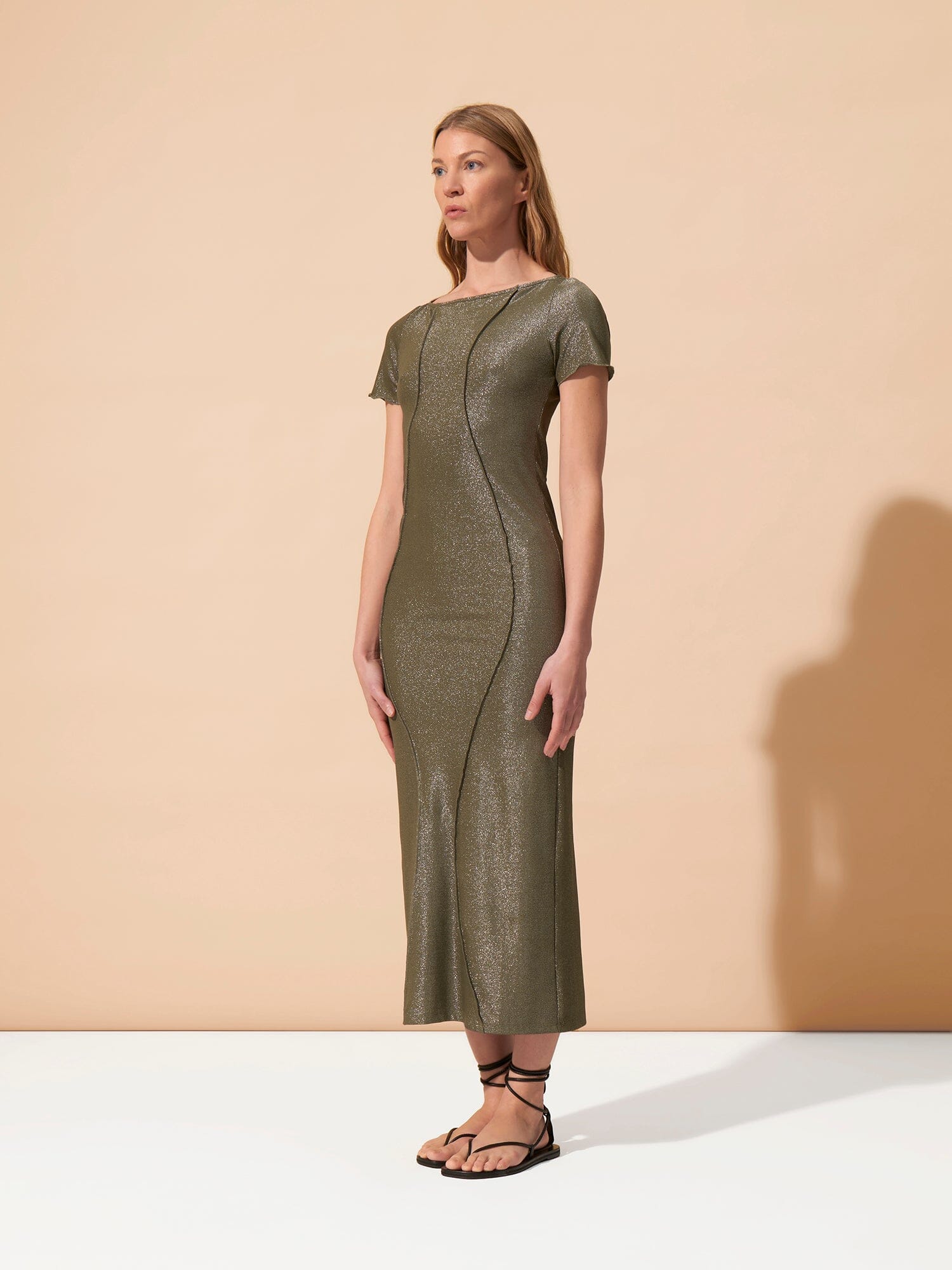 HEMERA - Long tube dress with wave cut-outs in metallic thread jersey Oeko-Tex Green Dress Fête Impériale