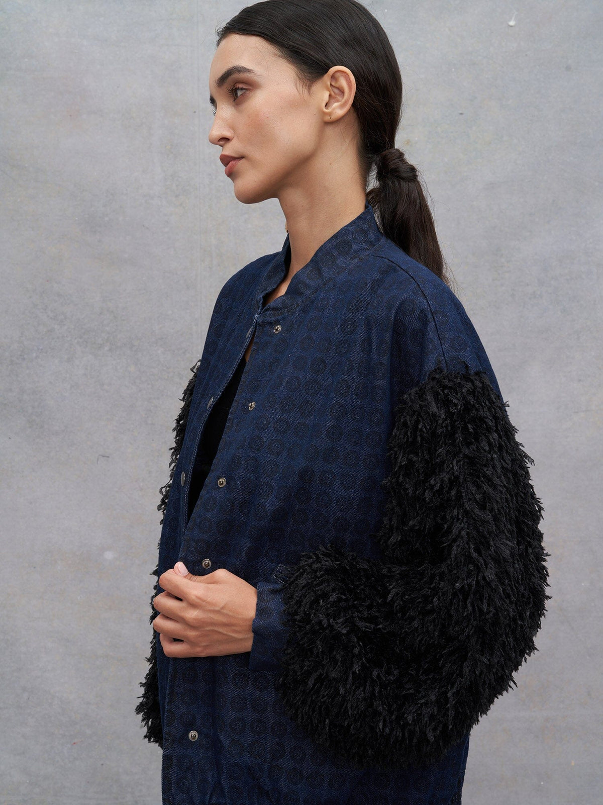 HENRI - Oversized Bombers with elasticated bottom in blue denim with crest and feather print Black Jacket Fête Impériale