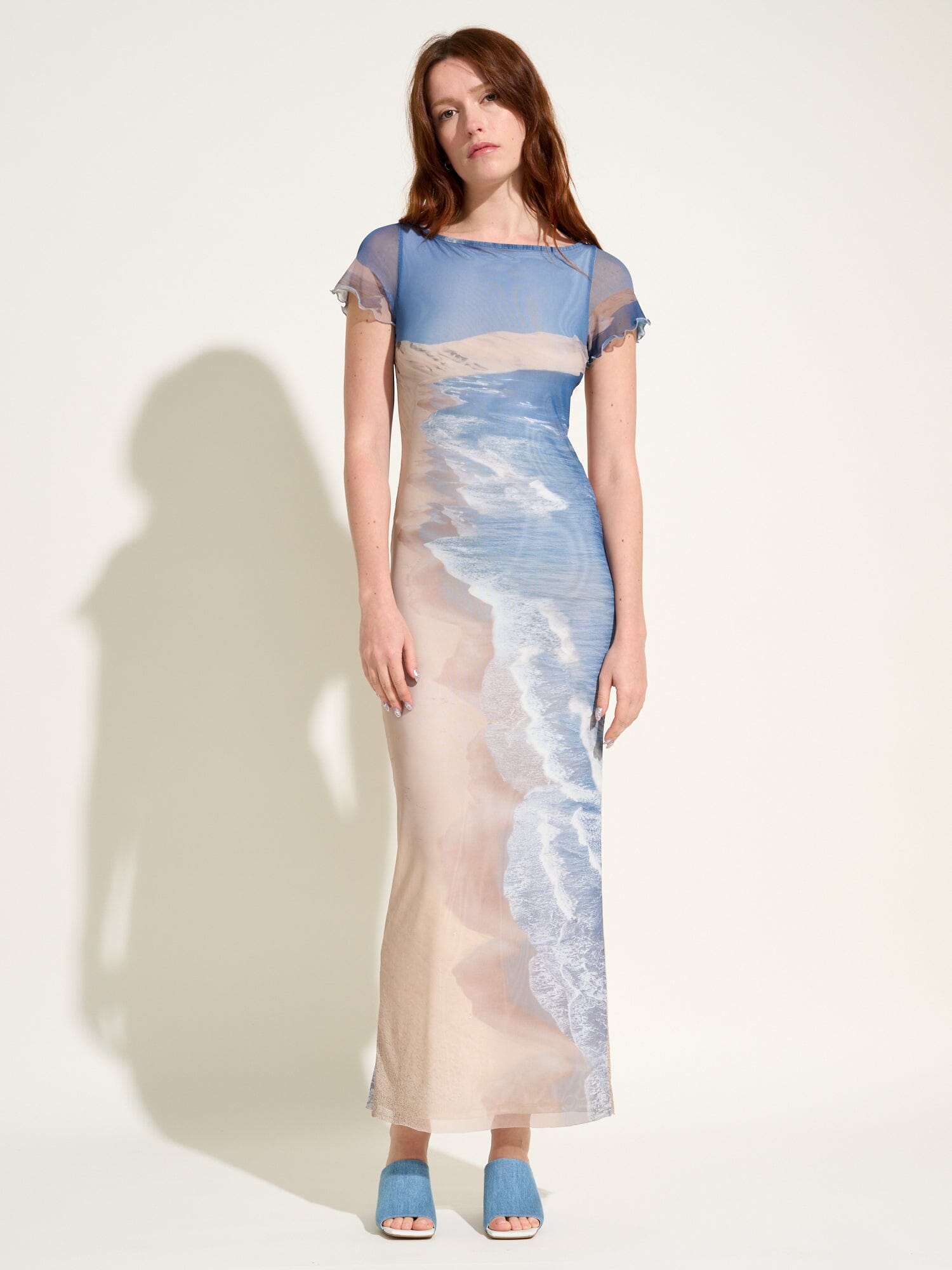 HESTIA - Oeko-Tex tulle short-sleeved tube maxi dress Pelican Bay print Dress Fête Impériale