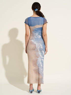 HESTIA - Oeko-Tex tulle short-sleeved tube maxi dress Pelican Bay print Dress Fête Impériale