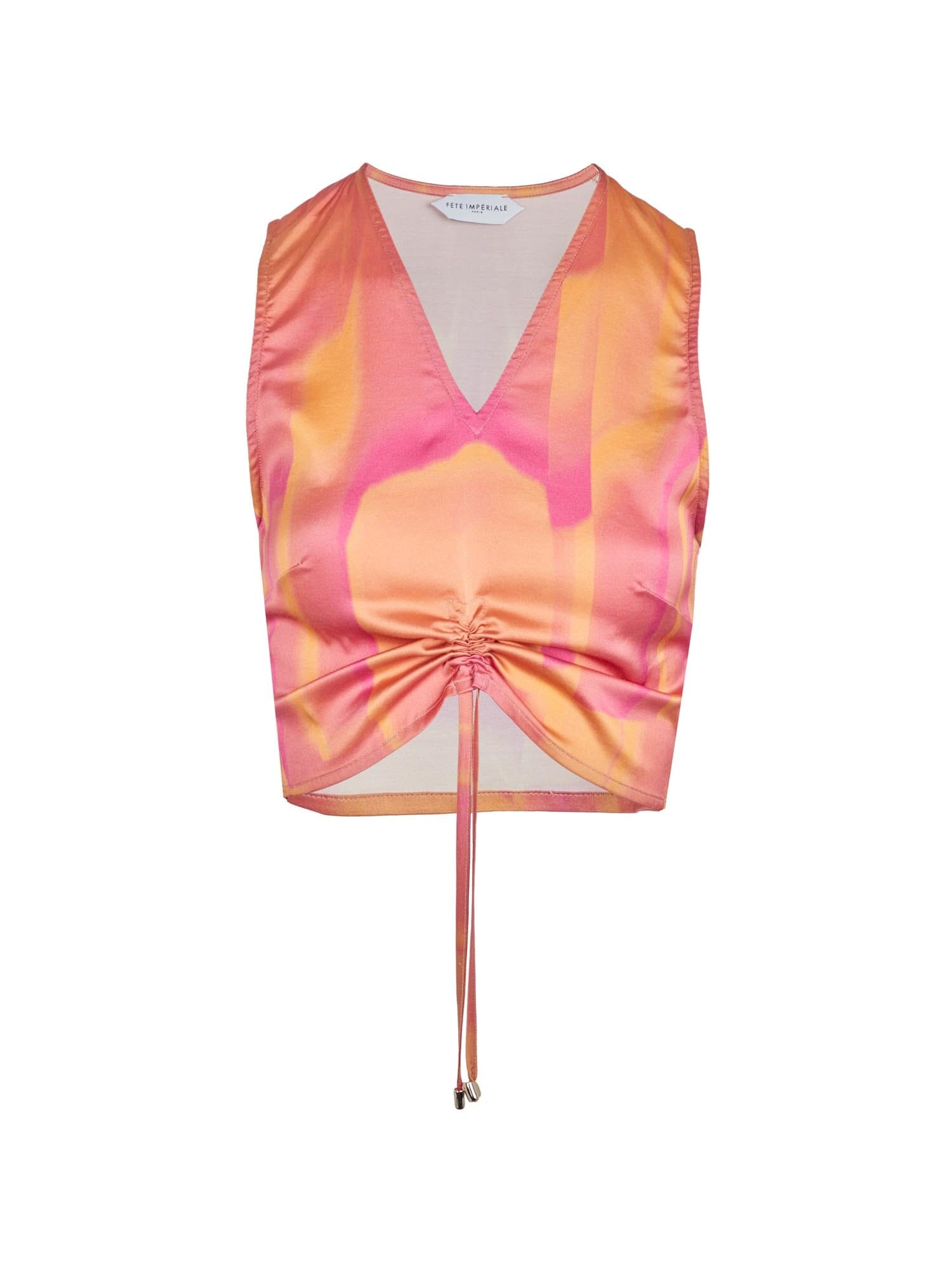 HYDRA - Adjustable-length cropped top in viscose satin with Tie & Dye Fuchsia print Top Fête Impériale