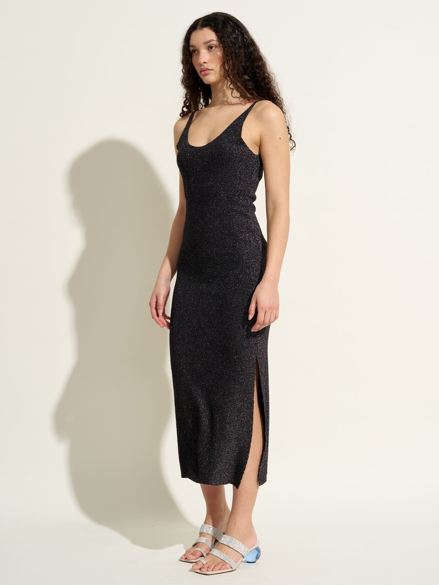 ICARIA - Oeko-Tex Black Glitter Mesh V-Neck Strappy Slit Maxi Dress Dress Fête Impériale