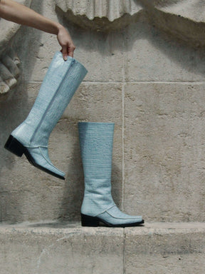 ISERAN - High boots with crocodile-effect leather heel and square toe Blue Shoes Fête Impériale