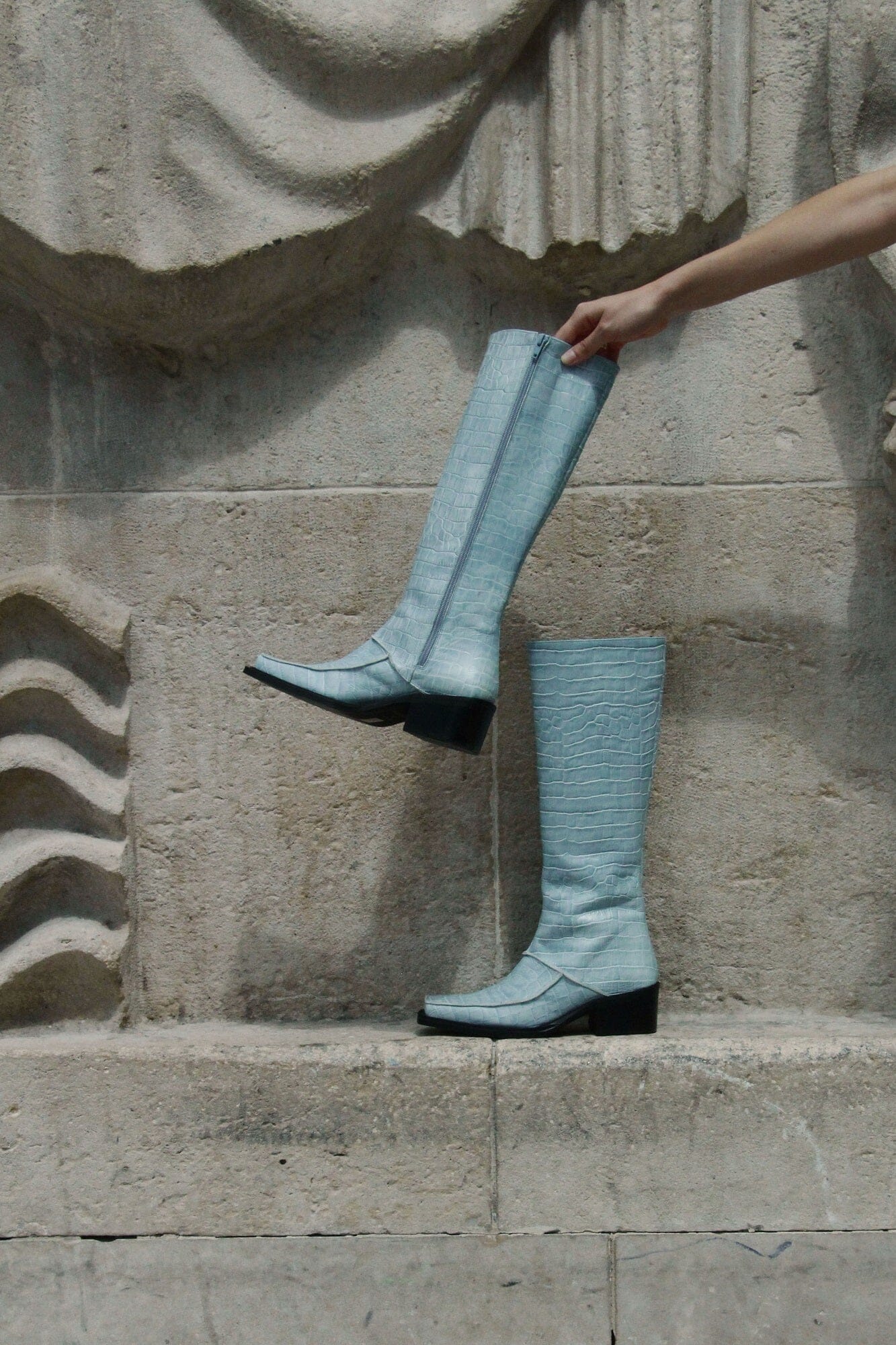 ISERAN - High boots with crocodile-effect leather heel and square toe Blue Shoes Fête Impériale