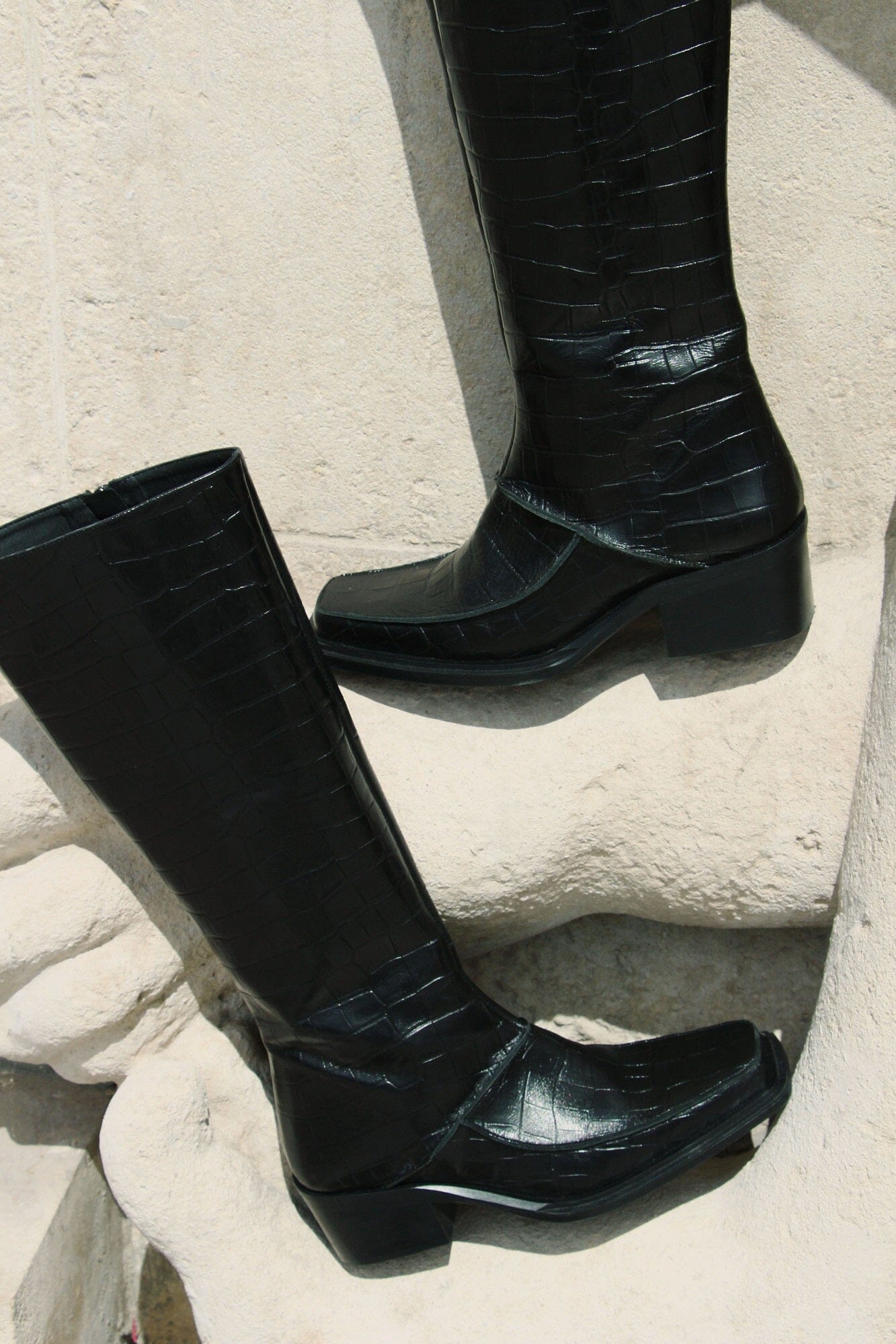 ISERAN - Crocodile-effect leather high heel and square toe boots Black Shoes Fête Impériale