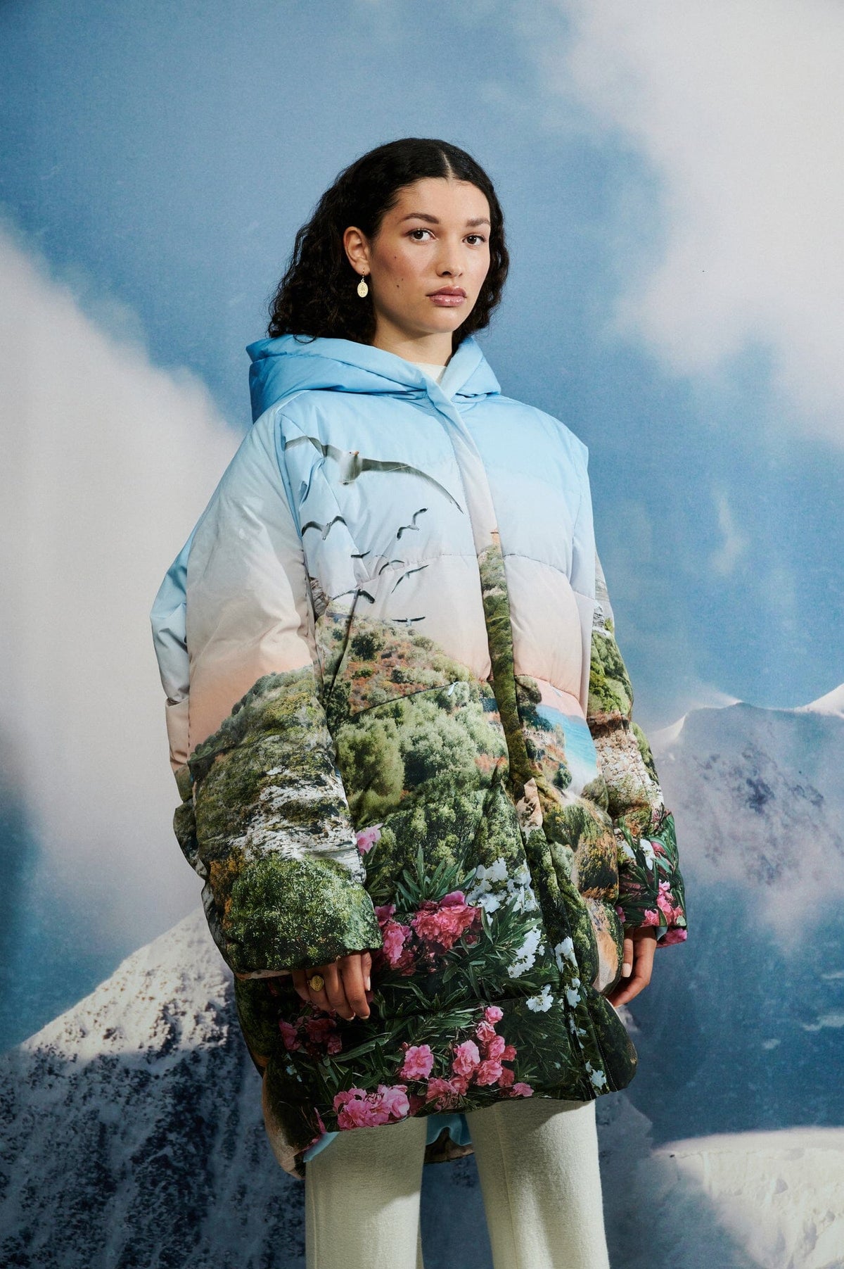 JASMIN - Oversized hooded down jacket in printed nylon Large Corsica Down jacket Fête Impériale