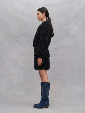 JOHANNE - Buttoned mini skirt in blue denim with coat of arms and feather print Black Skirt Fête Impériale