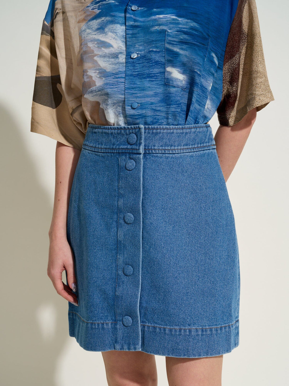 JOHANNE - Buttoned mini skirt in faded denim Oeko-Tex Blue Skirt Fête Impériale