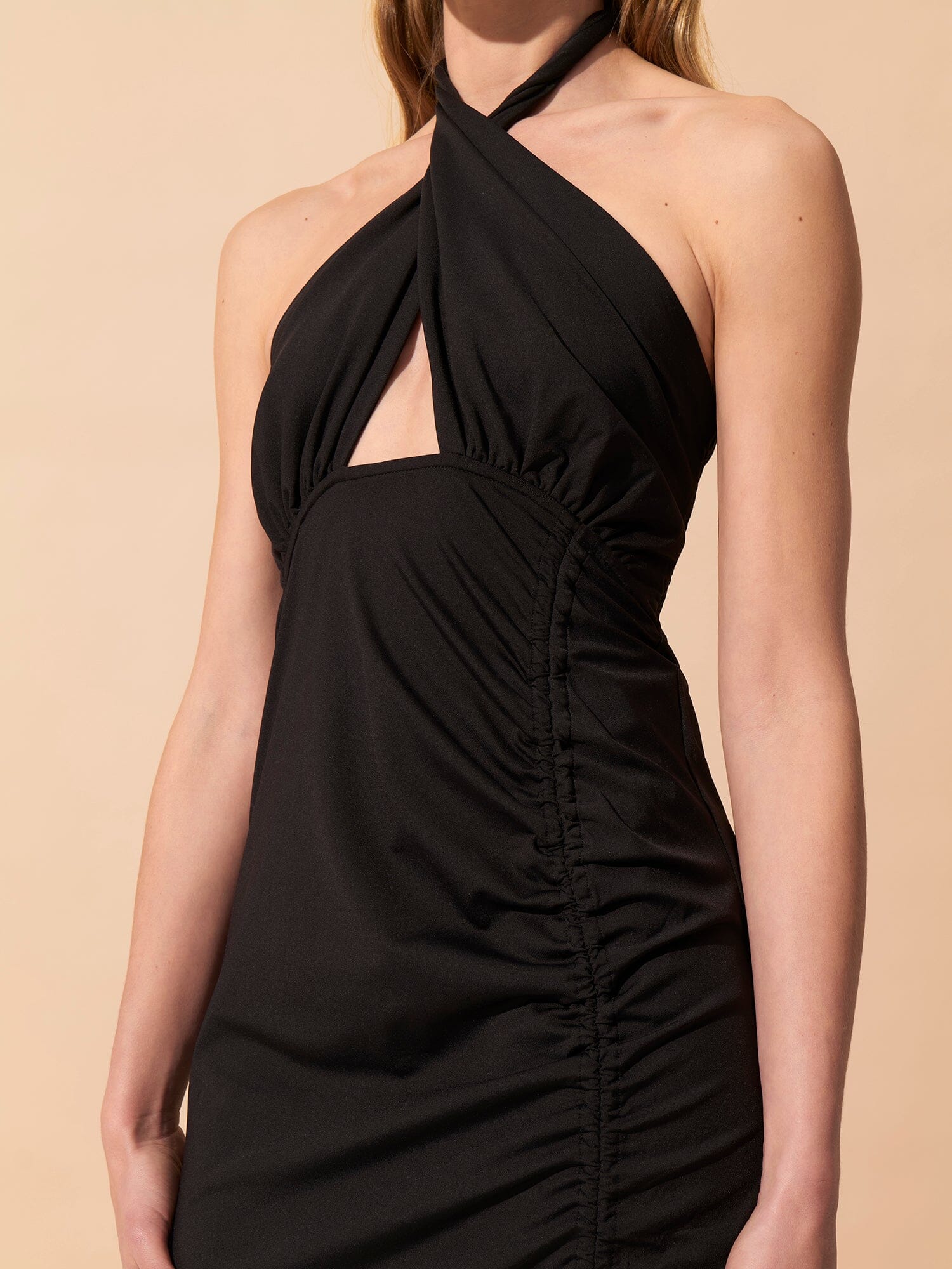 JULIA - Slit midi dress with adjustable length, openwork knotted cross-over top in Oeko-Tex jersey Black Dress Fête Impériale