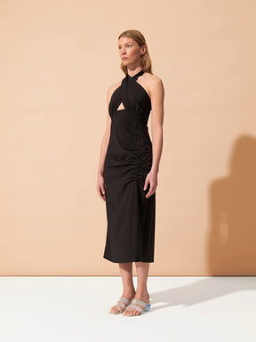 JULIA - Slit midi dress with adjustable length, openwork knotted cross-over top in Oeko-Tex jersey Black Dress Fête Impériale