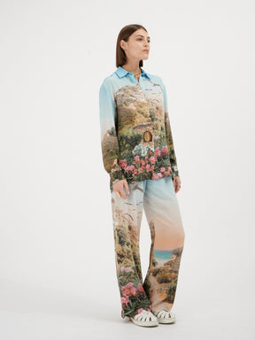 KEA - Loose-fitting high-waisted pants with printed silk crepe petal bottoms Large Corsica Pants Fête Impériale