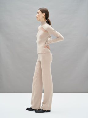 KEA - Loose-fitting high-waisted pants with petal bottoms in merino wool Oeko Tex Beige Pants Fête Impériale