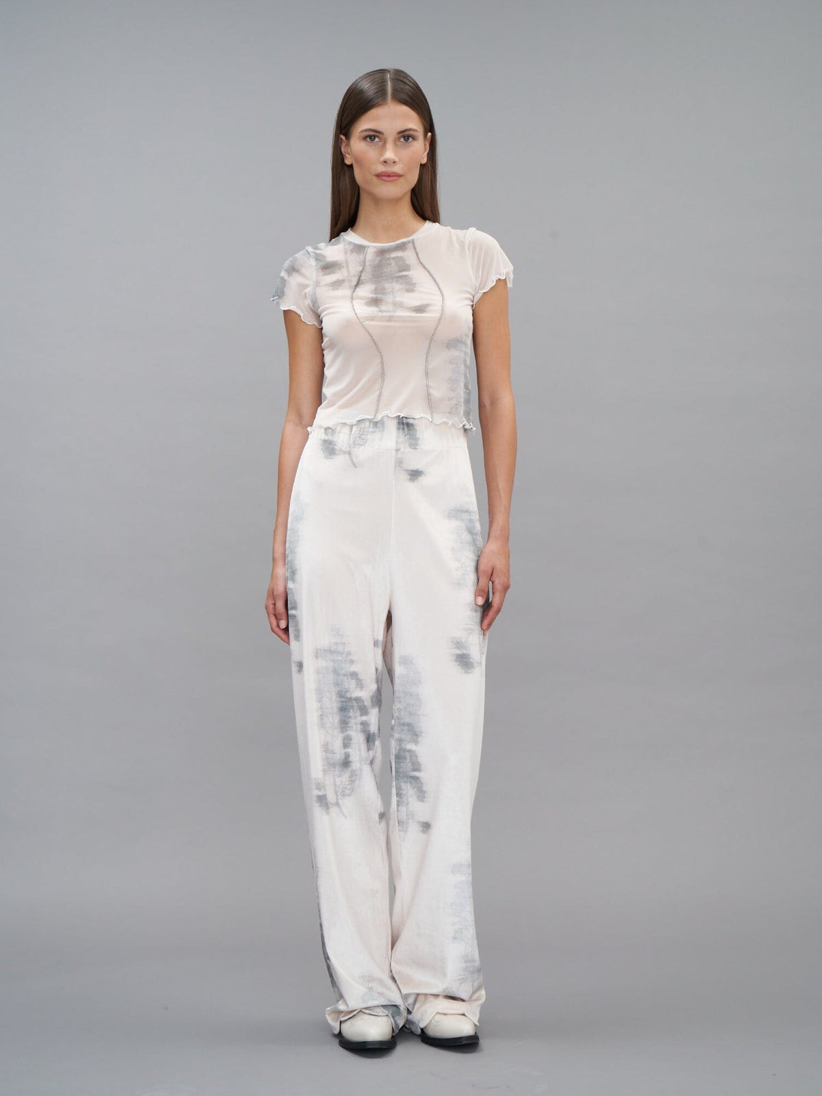 KEA - Oeko-Tex Abstract Tofu/Green Forest print high-waisted baggy pants with petal bottoms Trousers Fête Impériale