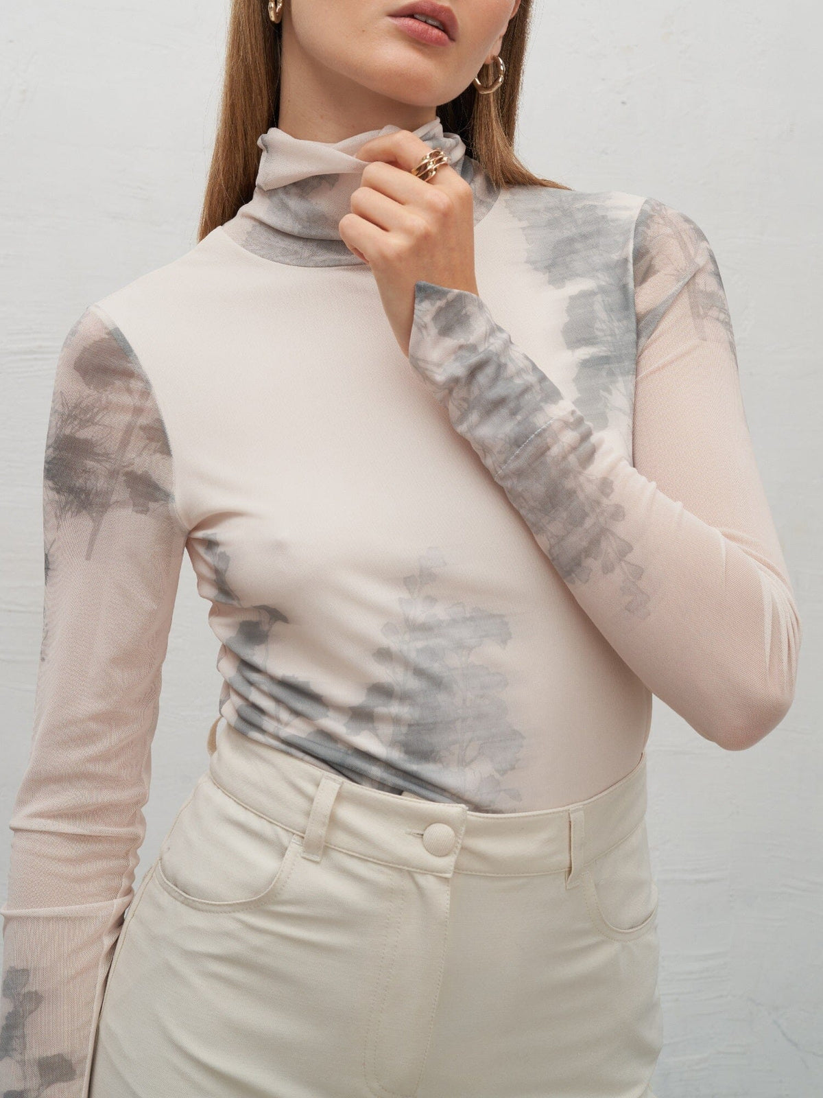 LENNON - Oeko-Tex stretch tulle turtleneck top Abstract Tofu/Green Forest Top Fête Impériale
