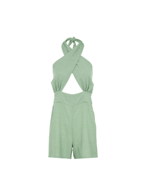 LERIA - High-waisted openwork combishort cross-over top knotted in Cotton Oeko-Tex celadon green Combishort Fête Impériale