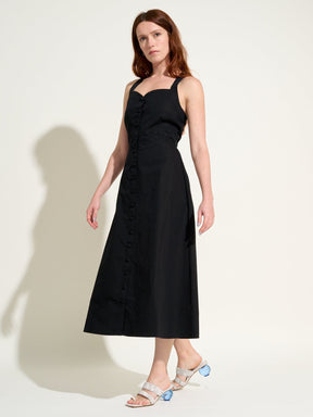 LINDA - High-waisted flared button midi dress with crossed straps in Linen  Cotton  Black Dress Fête Impériale