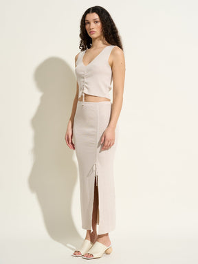 LIZA - Slit midi skirt with adjustable length in Oeko-Tex sequined knit Beige Skirt Fête Impériale