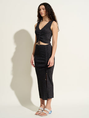 LIZA - Slit midi skirt with adjustable length in Oeko-Tex sequined knit Black Skirt Fête Impériale