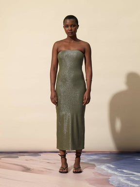 MAGRITTE - Long skirt / Midi tube dress in metallic thread jersey Oeko-Tex Green Dress Fête Impériale