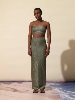 MAGRITTE - Long skirt / Midi tube dress in metallic thread jersey Oeko-Tex Green Dress Fête Impériale