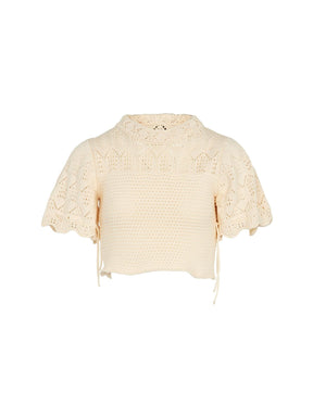 MARCELLE - Cropped top with short sleeves and round neck in openwork knit Oeko-Tex Ecru Top Fête Impériale