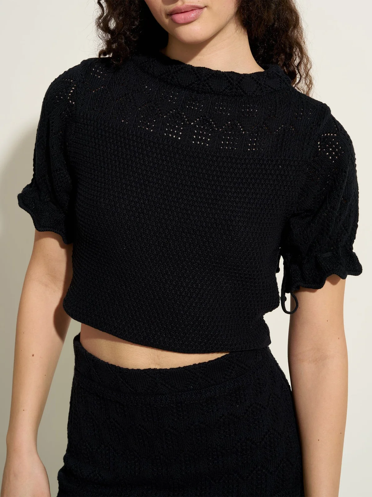 MARCELLE - Cropped top with short sleeves and round neck in Oeko-Tex openwork knit Black Top Fête Impériale